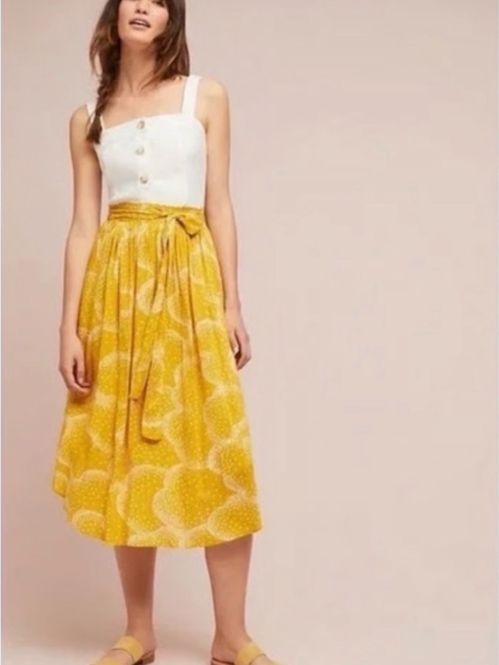Anthropologie Maeve Yellow White Floral Tie-Front Midi Skirt Sz M